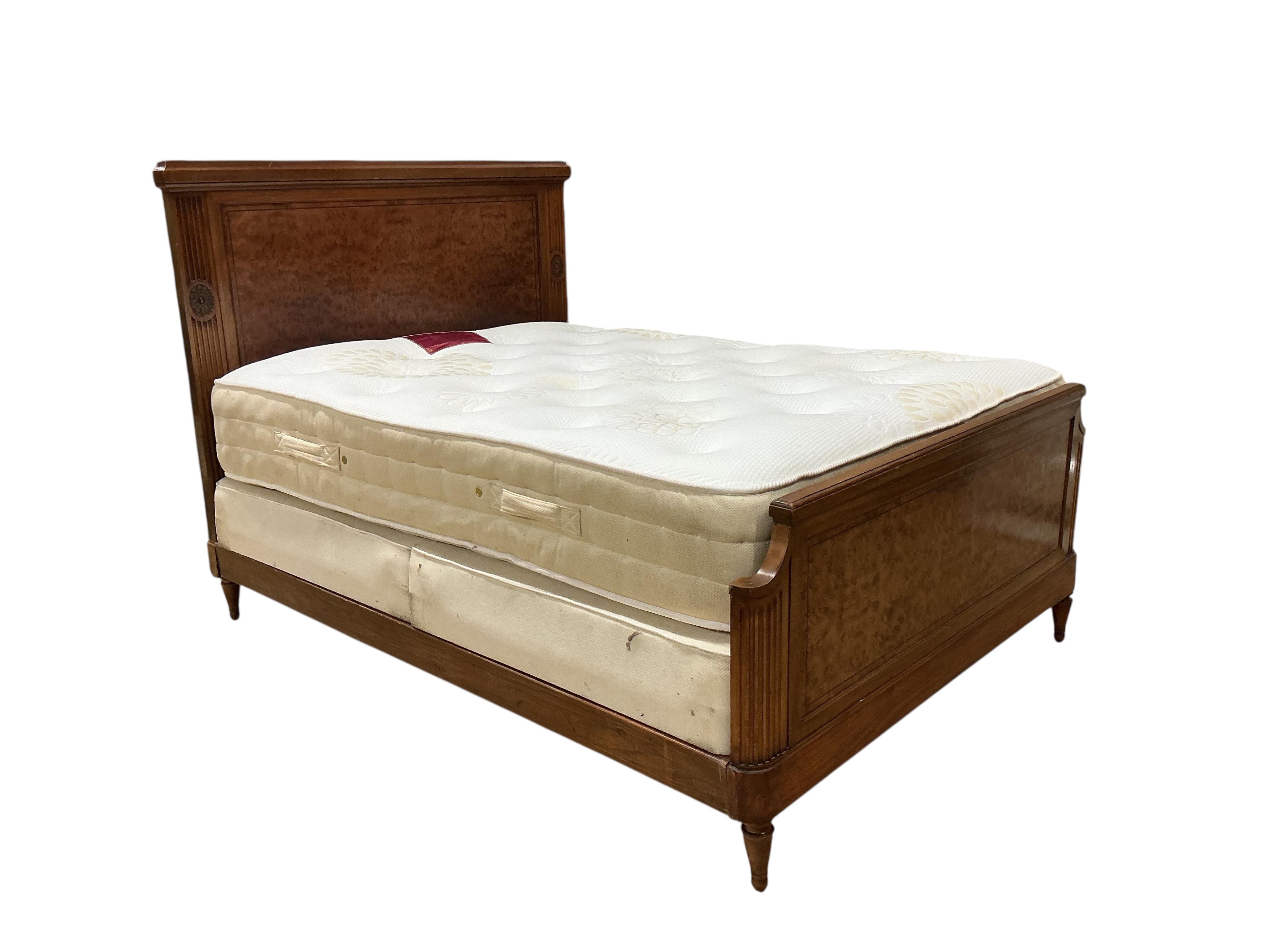 A French walnut and bird's eye maple double bed frame, with Majestic mattress, width 150cm, length 212cm, height 141cm